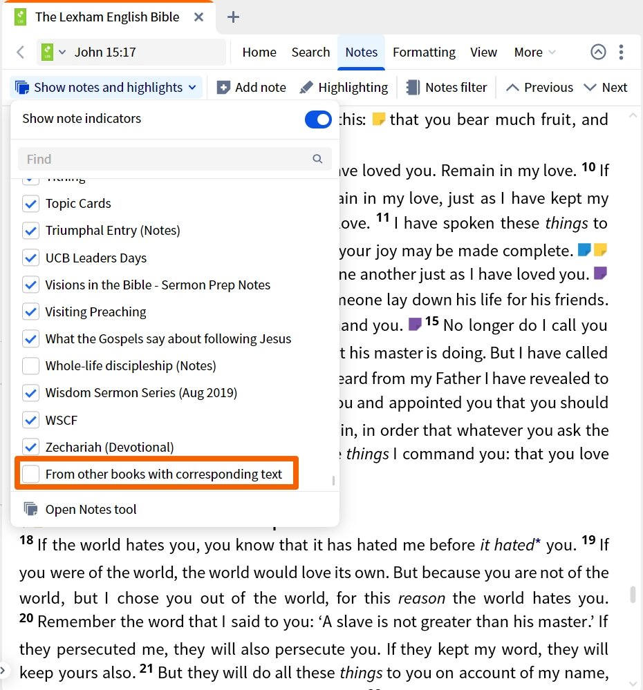 Toggle Corresponding Text Notes Display