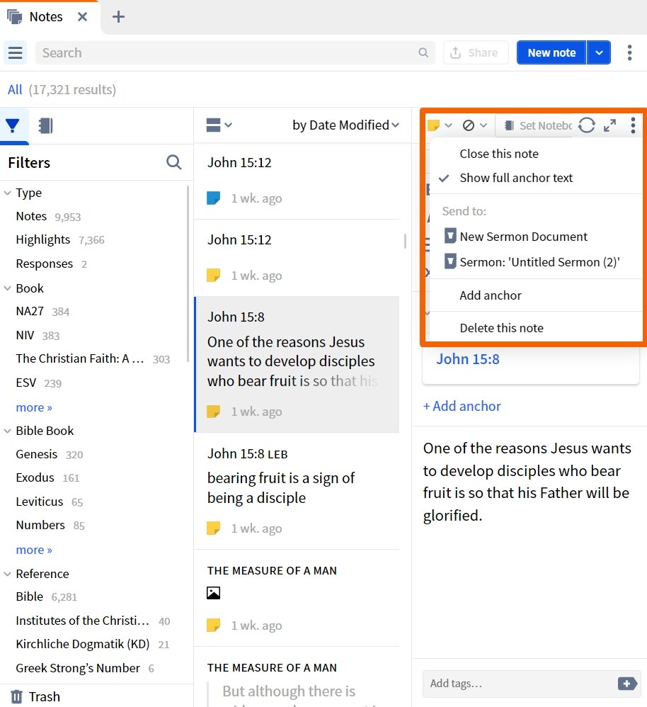 Notes Panel Menu