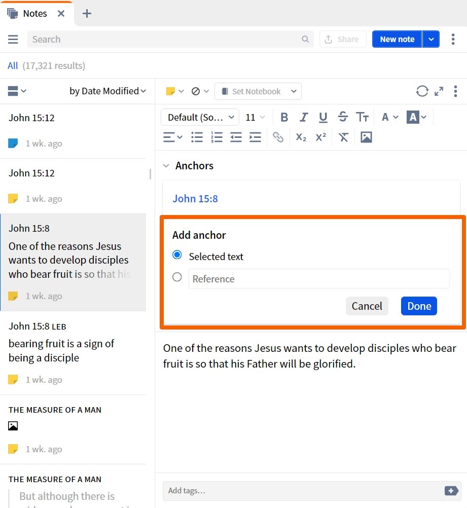 Options To Add Anchor To A Note