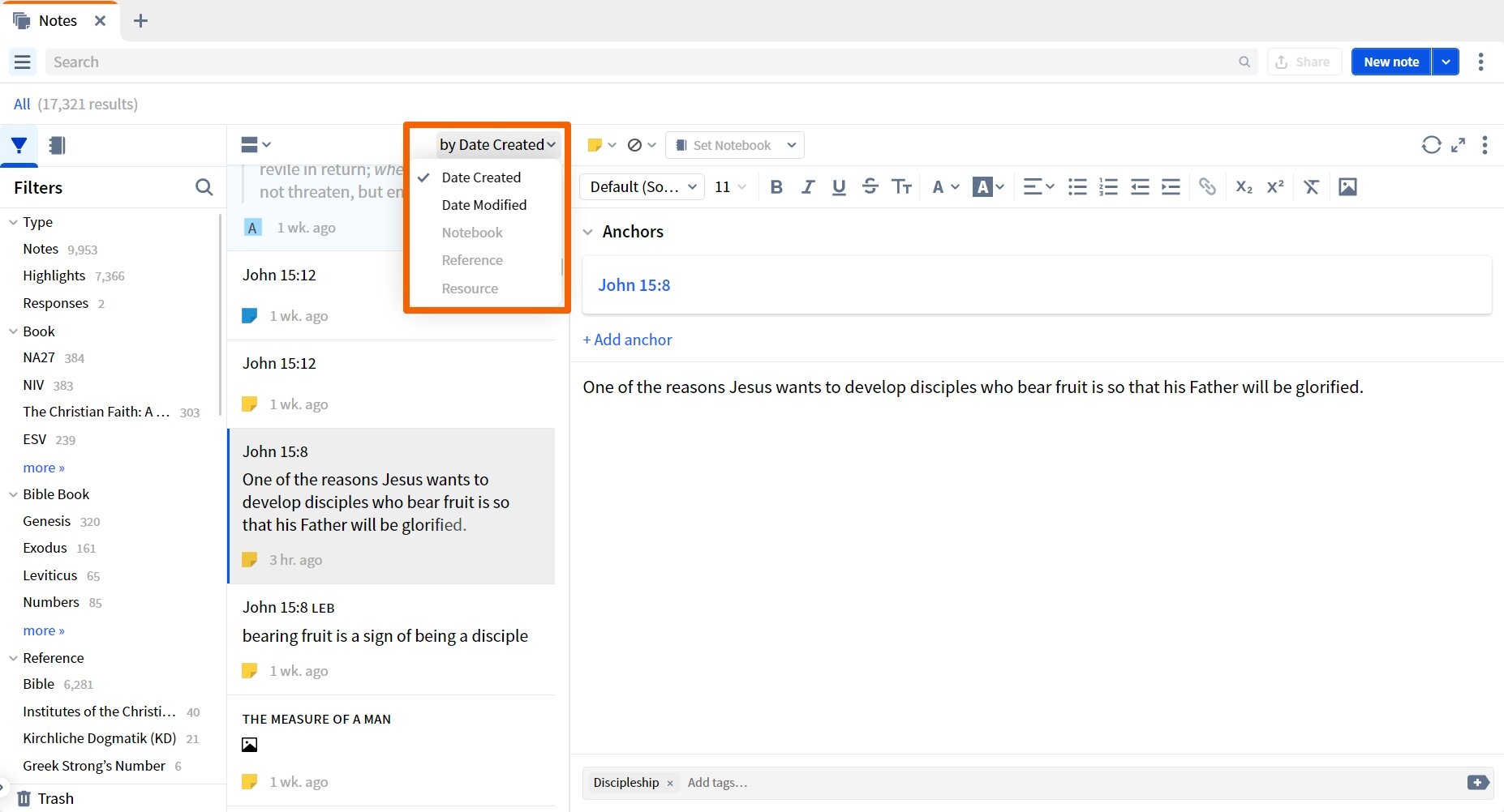 Notes Sort Options
