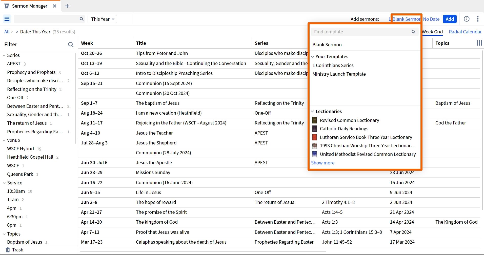Sermon Manager - Use Template Or Lectionary