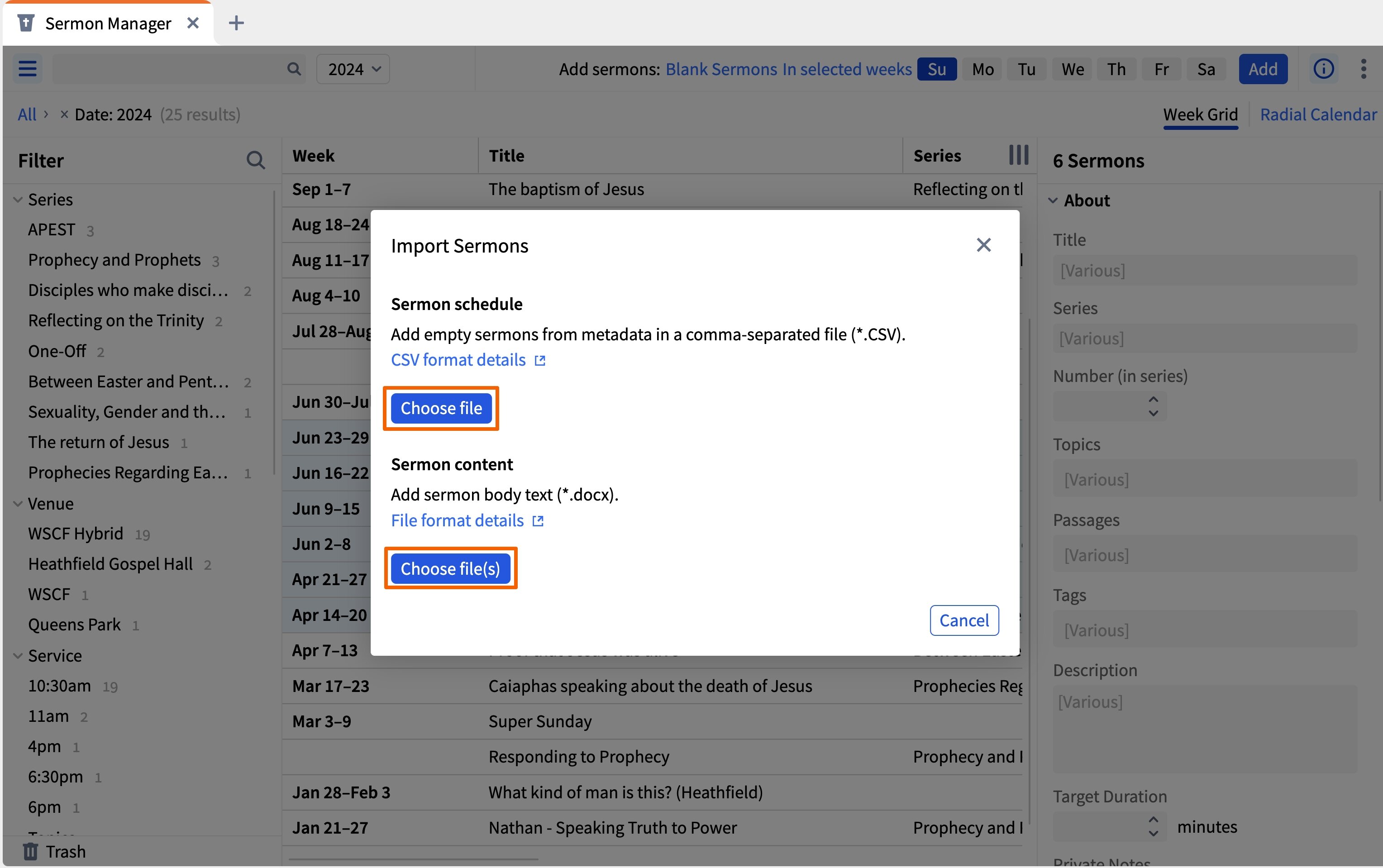 Sermon Manager - Specify Import Tyoe