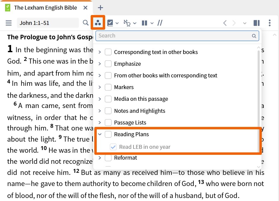 Resource Toolbar - Show Reading Plans