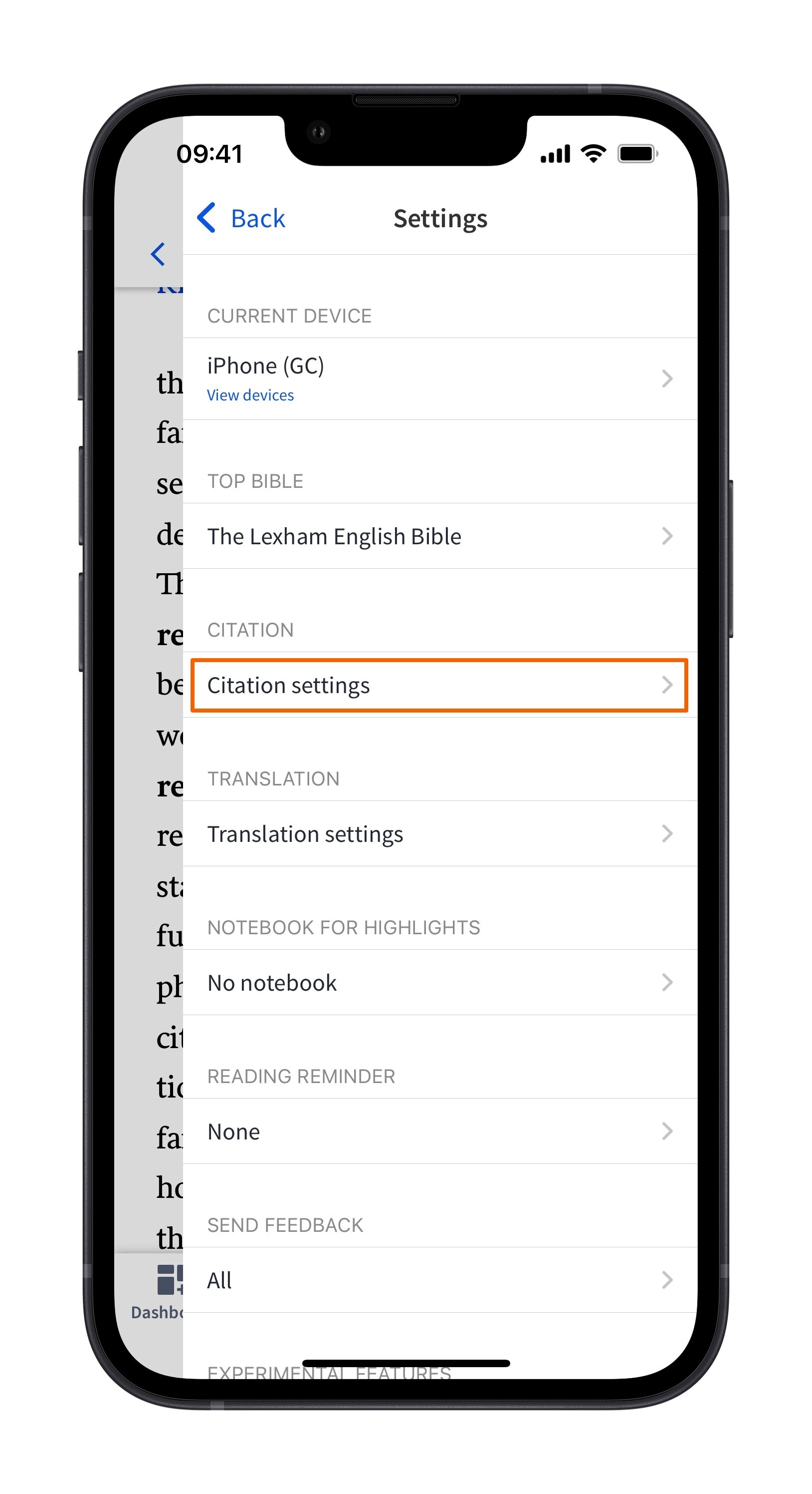 Mobile Select Citation Settings
