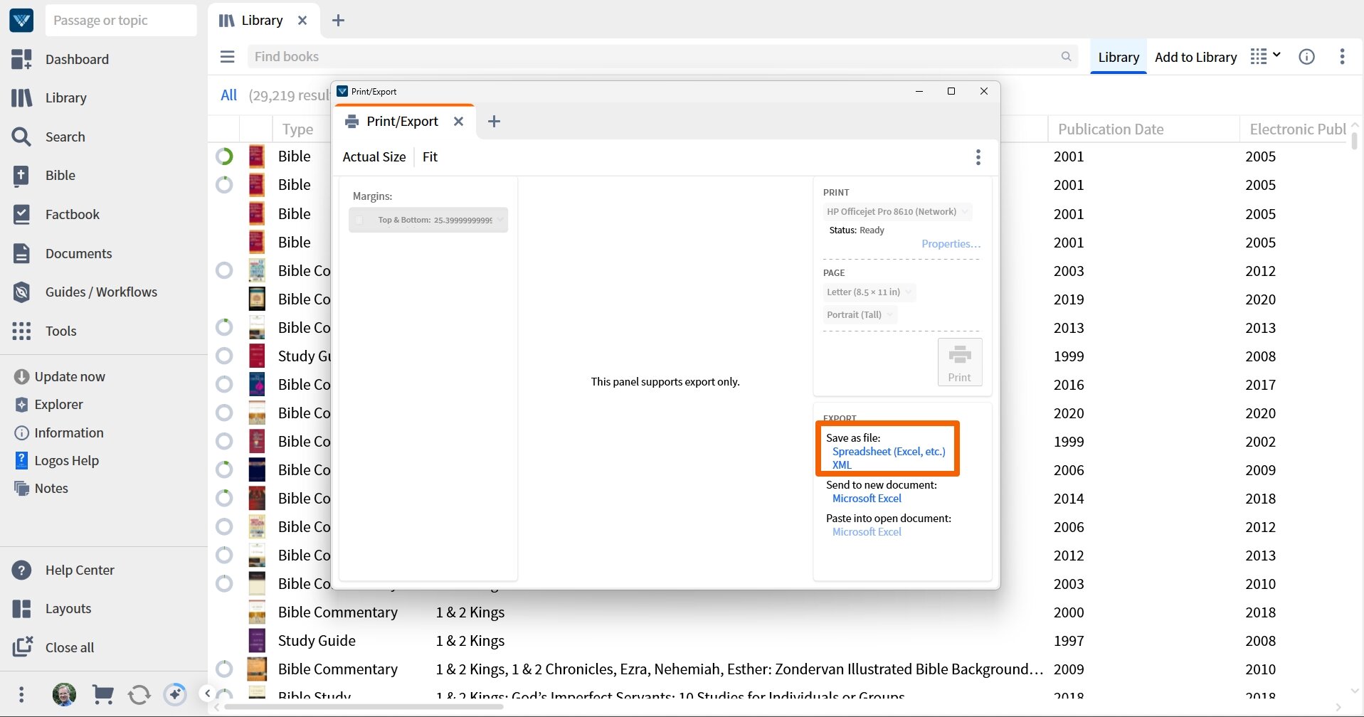 Verbum Export Send To Excel