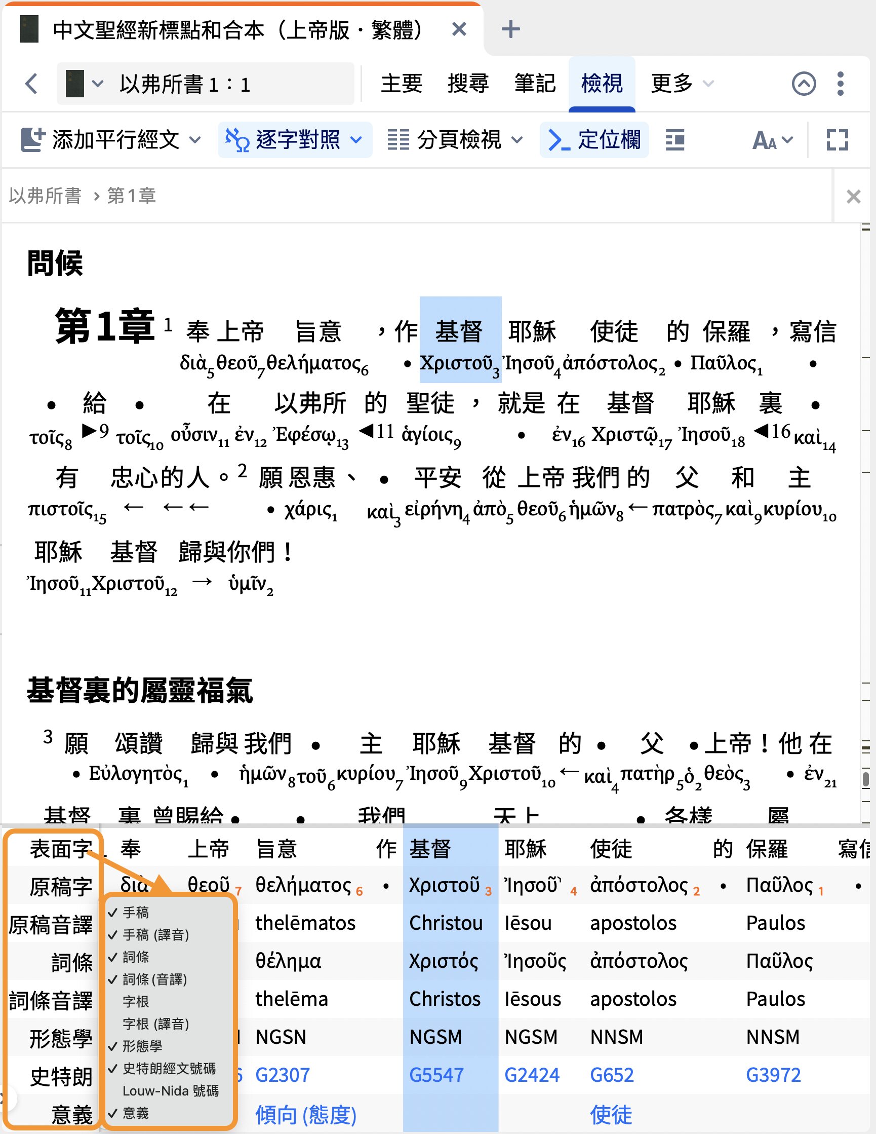 Select Reverse Interlinear Pane Options