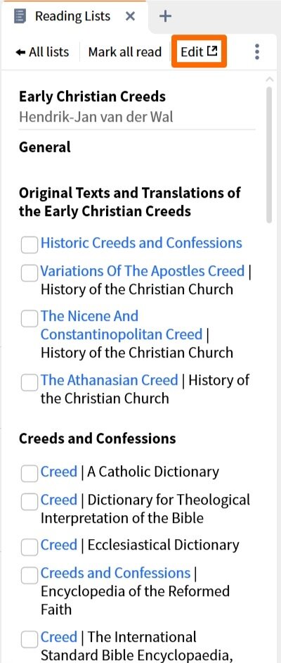 Select Reading List Edit Option