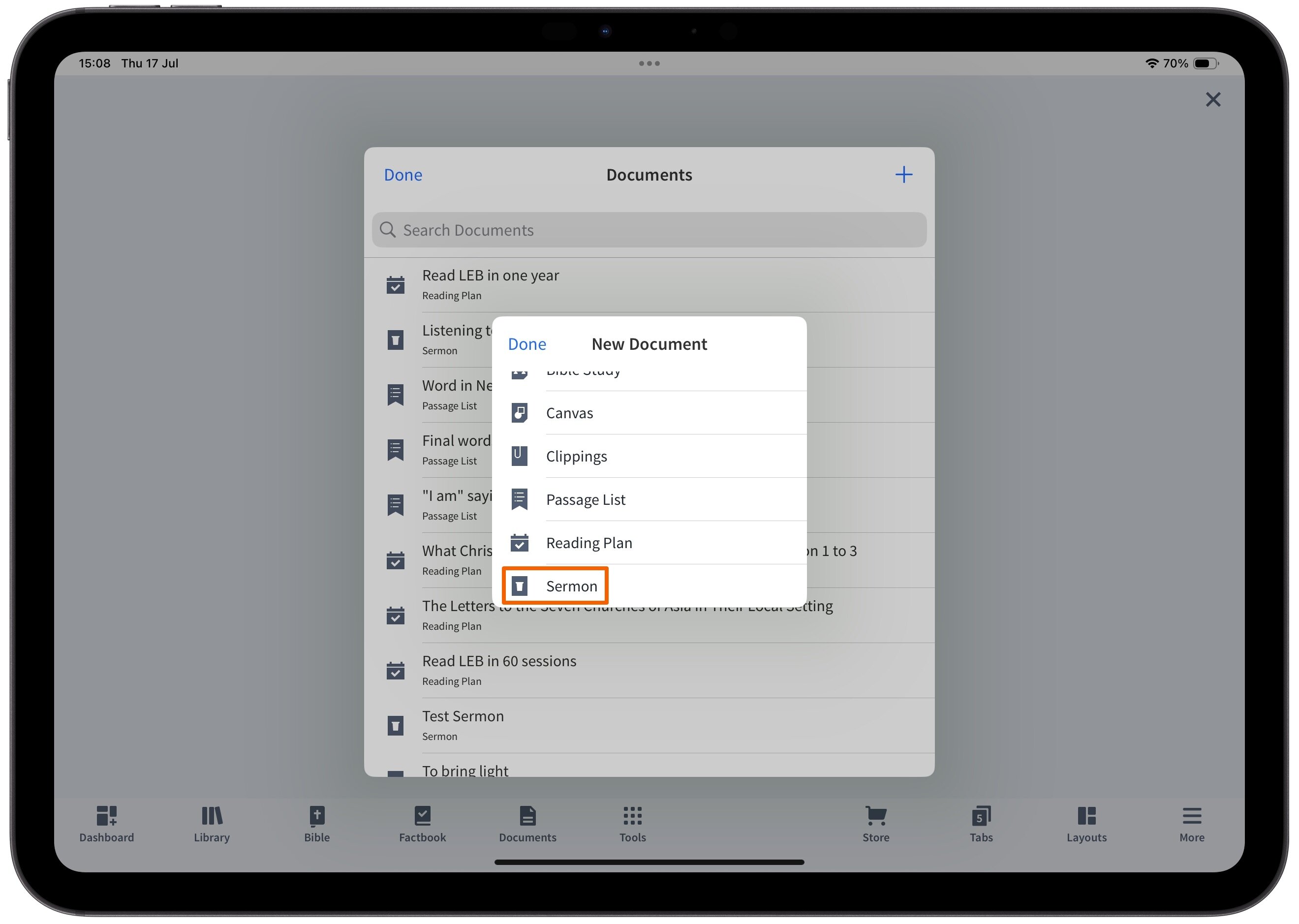 Select Sermon Document As Type To Add