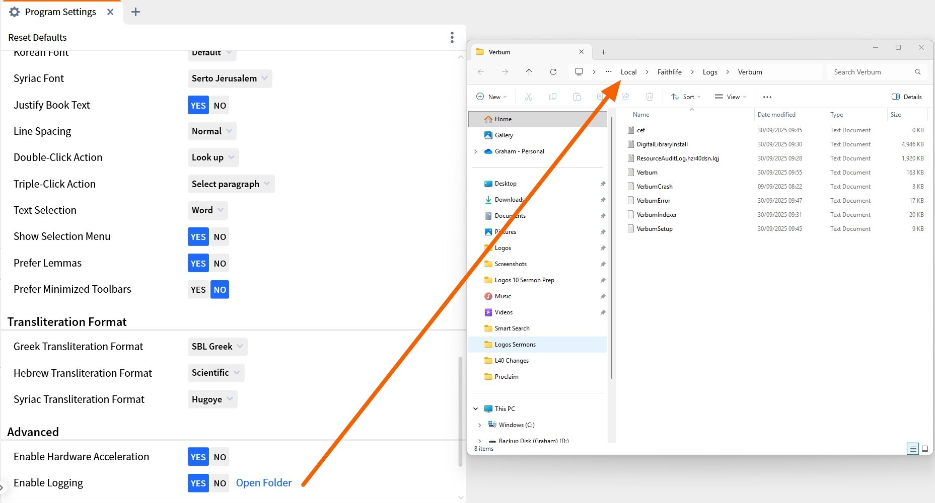 Open Verbum Logs Folder