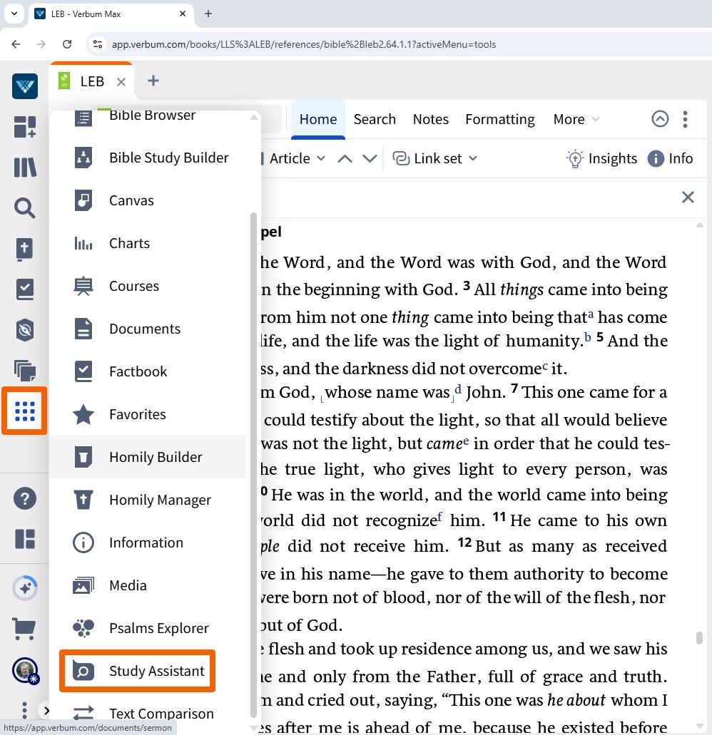 Access Study Assistant From Verbum Tools Menu (Web)