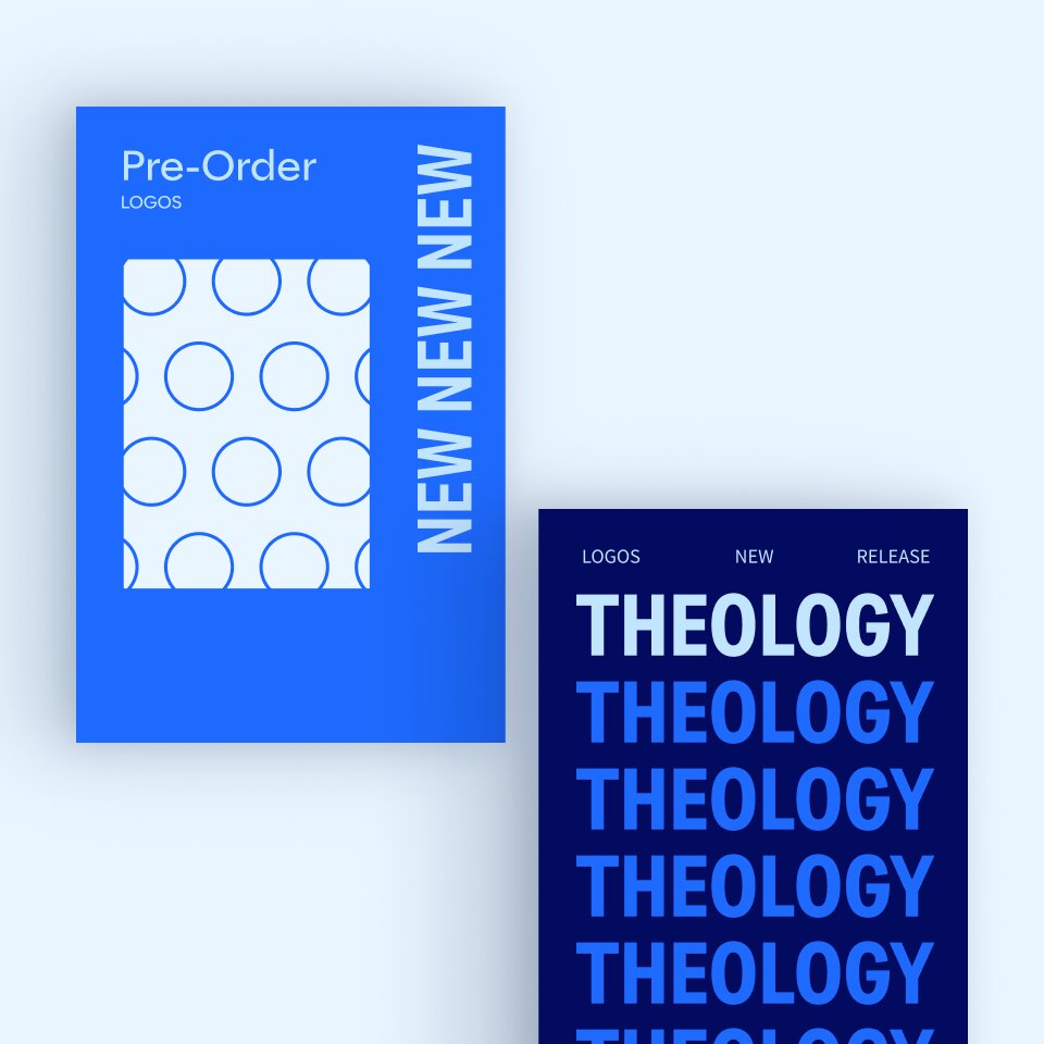 graphic representations of new books published, blue book covers with new release and theology in the titles