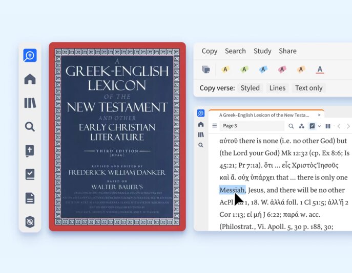 screenshots of Bible study in the Logos app alongside a book cover of a Greek-English lexicon