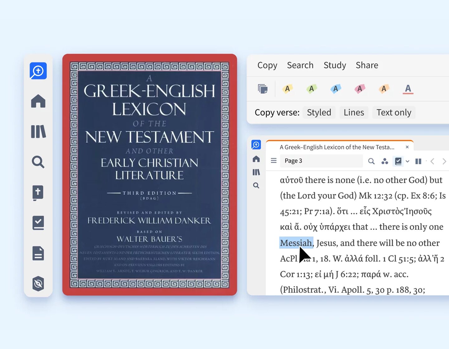 screenshots of Bible study in the Logos app alongside a book cover of a Greek-English lexicon