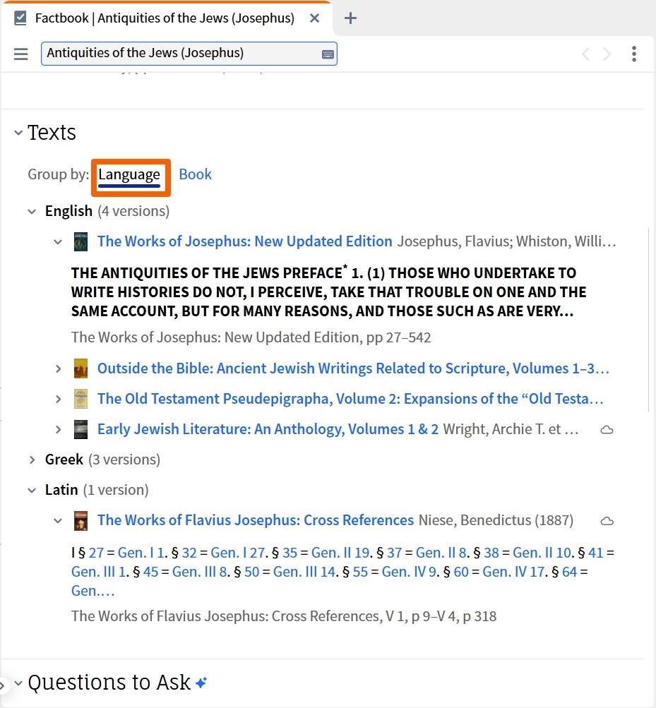Verbum Ancient Texts - Texts Section Grouped By Language