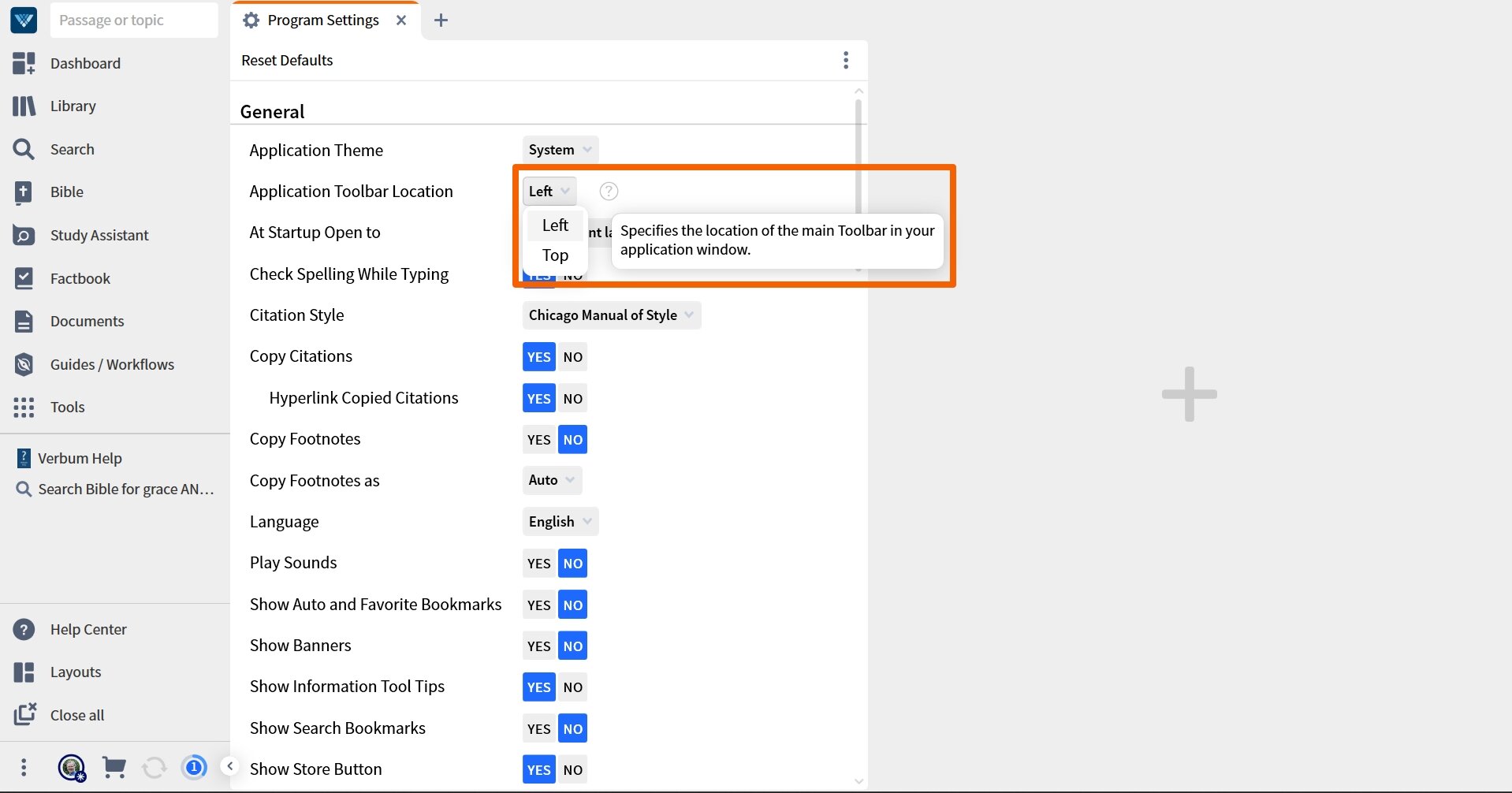 Select Verbum Top Toolbar