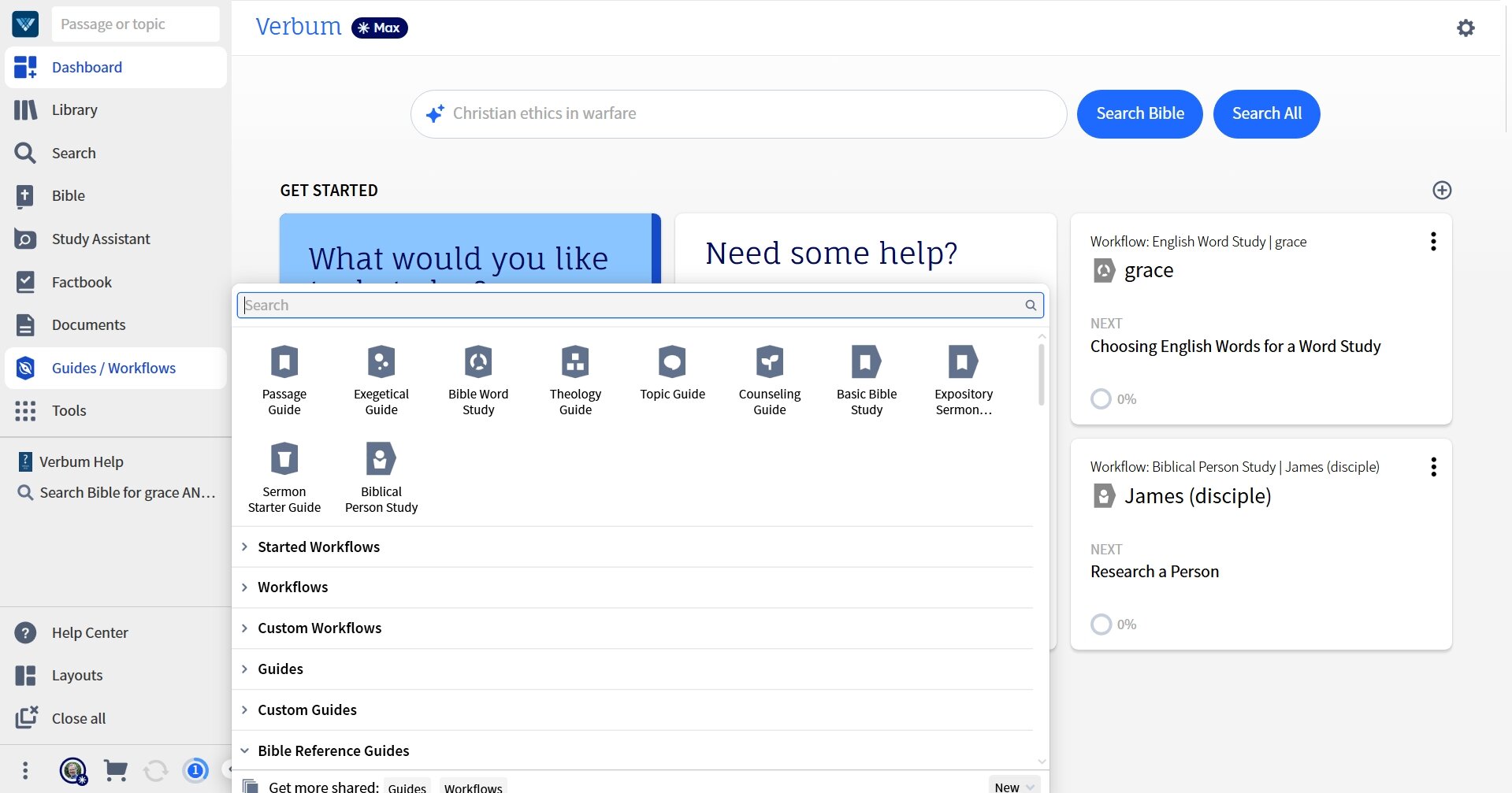 Verbum Guides And Workflows Menu