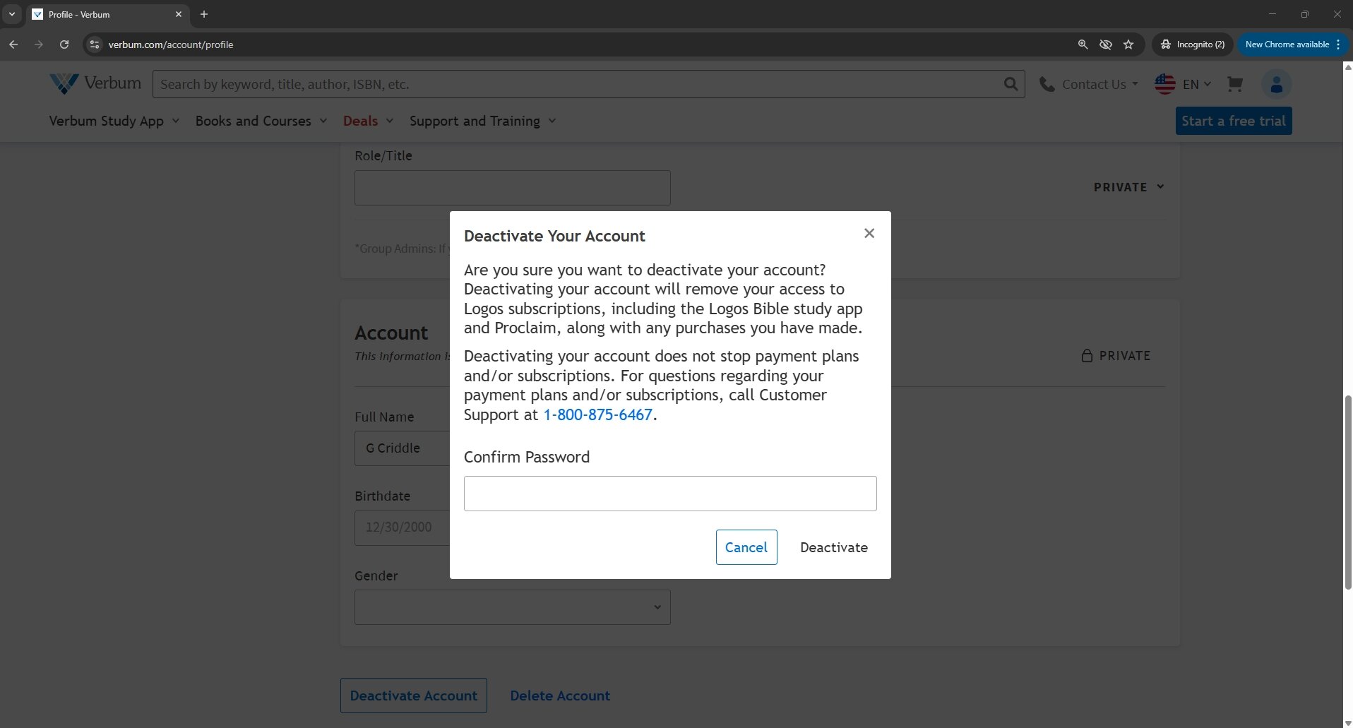 Verbum Deactivate Warning
