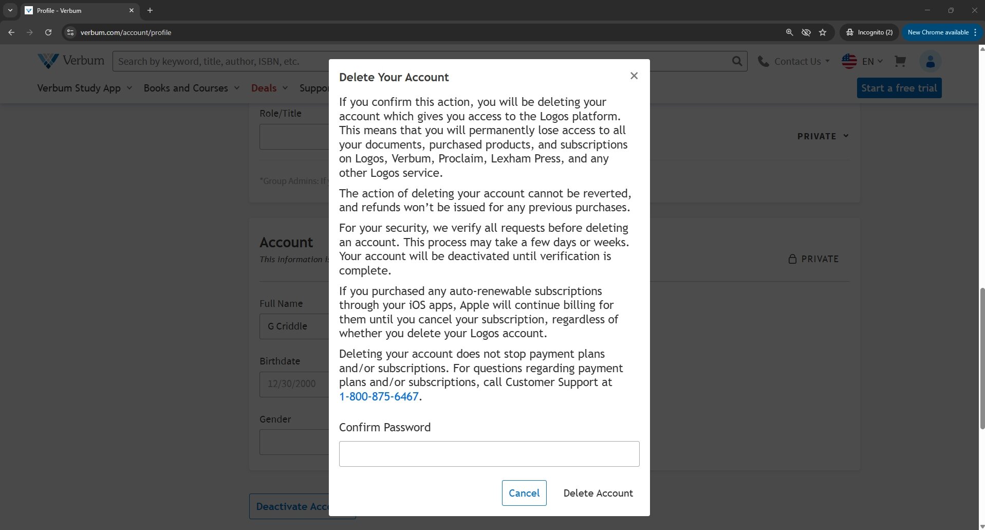 Verbum Delete Warning