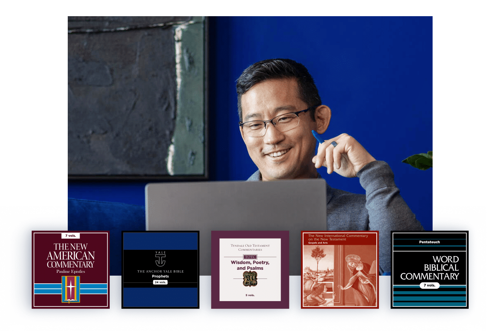 Man looking at computer with Logos commentaries posed below him