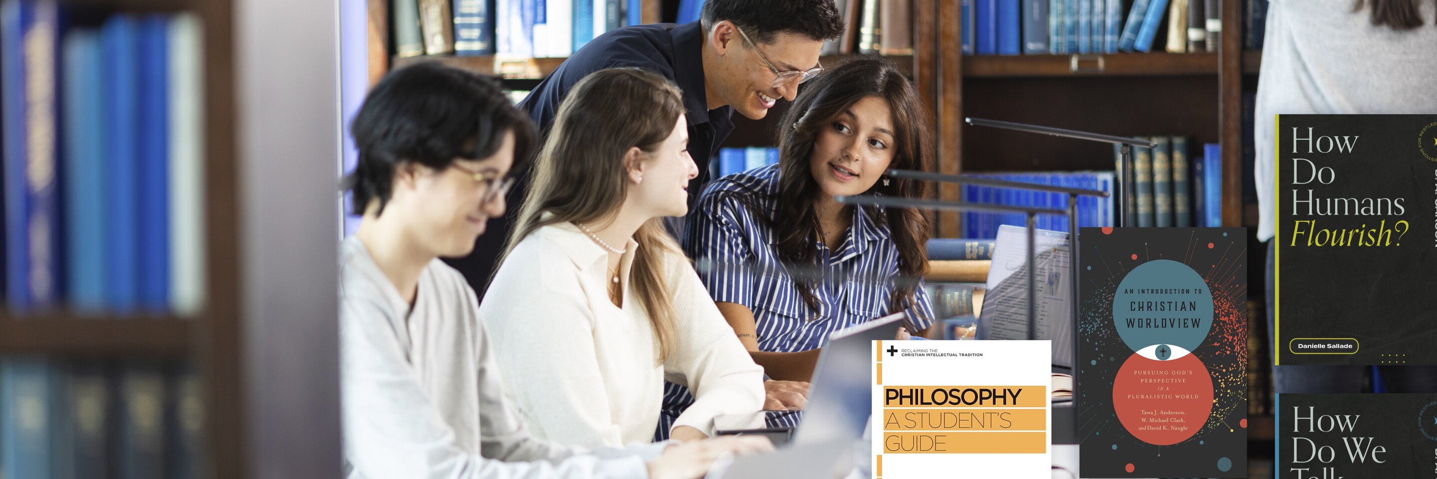 Students in a library setting studying together