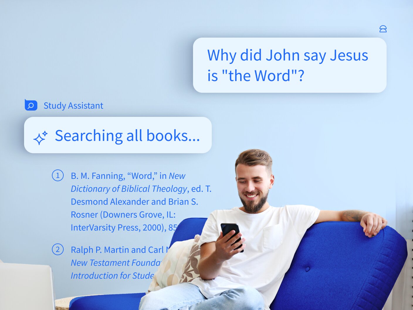 Man sitting in a blue couch using the Logos software