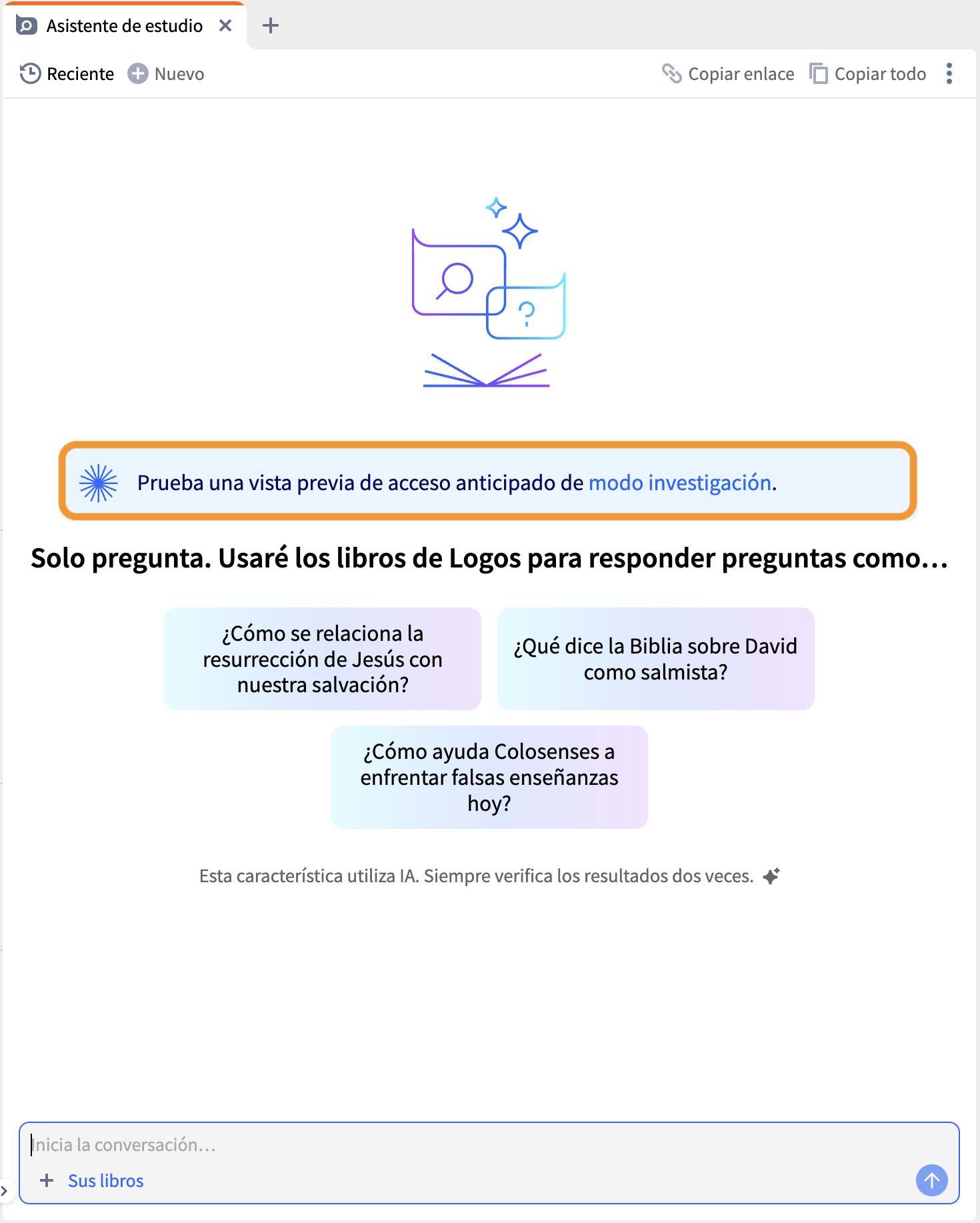 Acceso anticipado al modo de investigación en el Asistente de Estudio de Logos