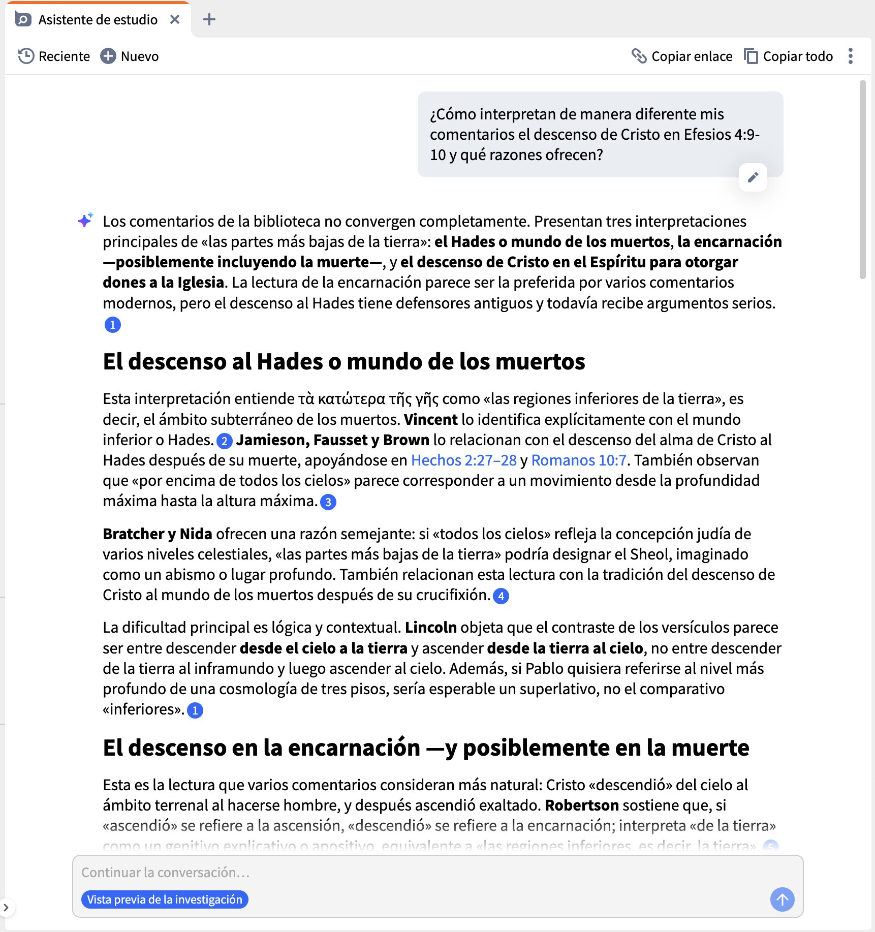 El modo de investigación del Asistente de Estudio de Logos en Efesios 4:9-10