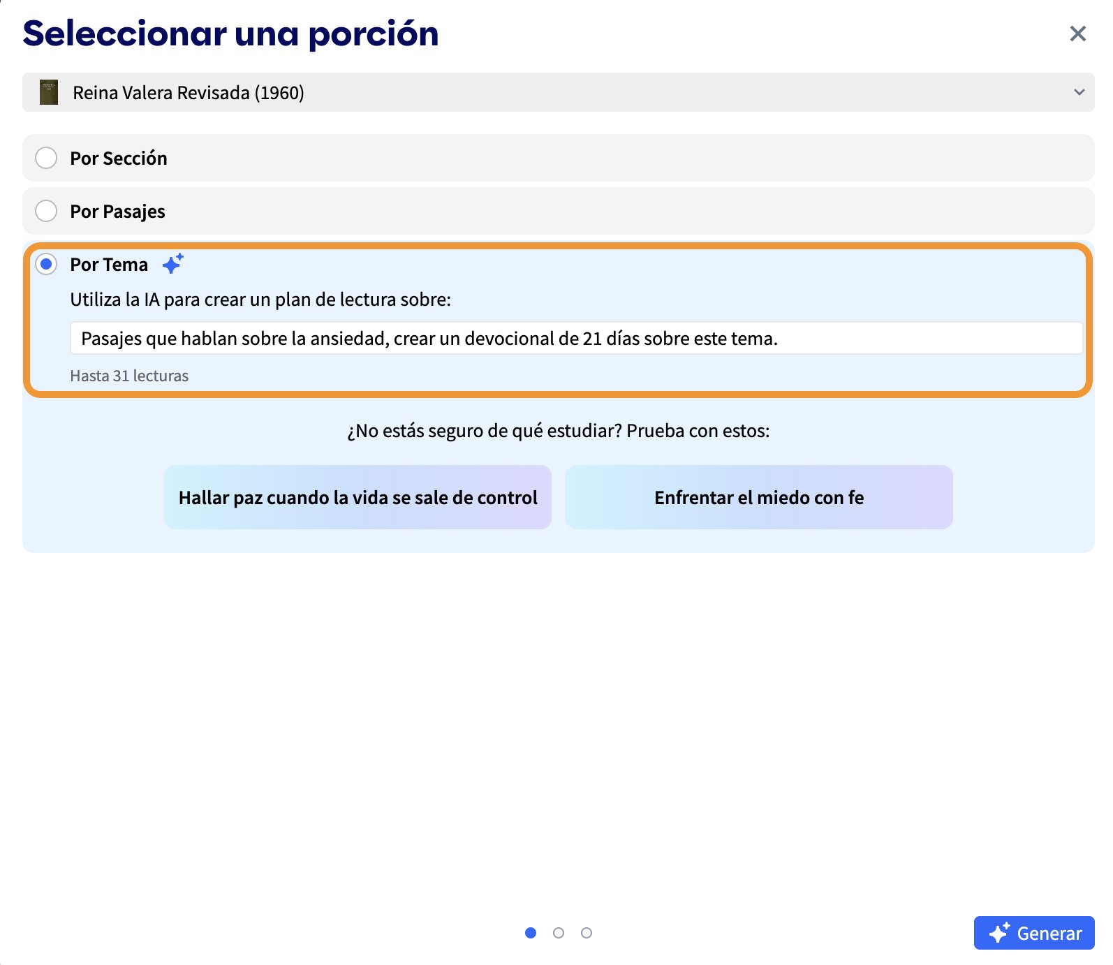 El generador de planes de lectura por temas personalizados de Logos