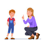Angry mother wags finger at guilty son. Sitting upset woman scold standing boy for misbehaving. Teacher berate unhappy schoolboy. Upset mom reprimand sad kid. Flat vector character illustration