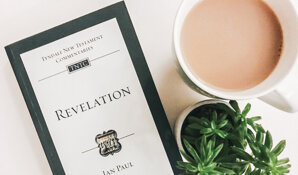 An image of a commentary volume on the book of Revelation lying on a white table next to a cup of coffee and a succulent houseplant.
