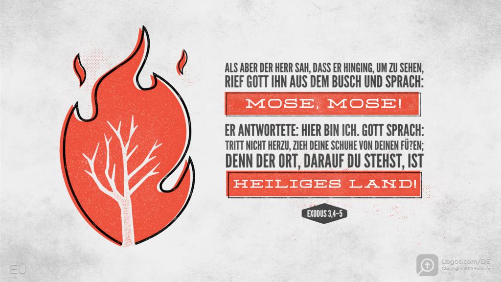 Exodus 3,4–5: ALS ABER DER HERR SAH, DASS ER HINGING, UM ZU SEHEN, RIEF GOTT IHN AUS DEM BUSCH UND SPRACH: MOSE, MOSE! ER ANTWORTETE: HIER BIN ICH. GOTT SPRACH: TRITT NICHT HERZU, ZIEH DEINE SCHUHE VON DEINEN FÜßEN; DENN DER ORT, DARAUF DU STEHST, IST HEILIGES LAND!