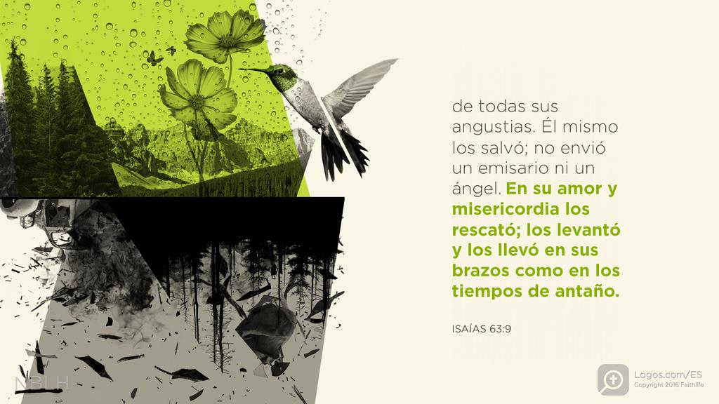 Isaías 63:9: de todas sus angustias. Él mismo los salvó; no envió un emisario ni un ángel. En su amor y misericordia los rescató; los levantó y los llevó en sus brazos como en los tiempos de antaño.