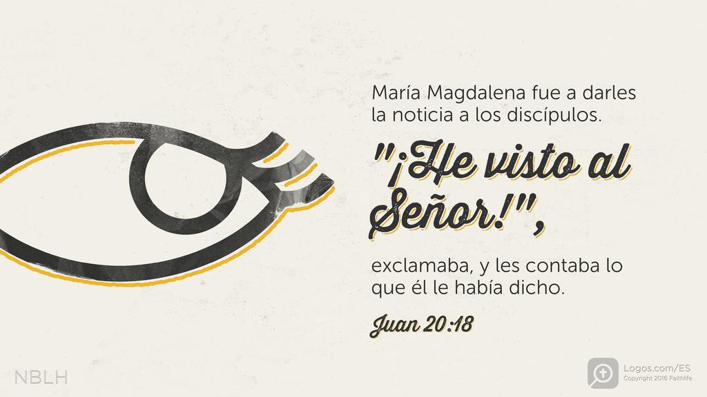 Juan 20:18: María Magdalena fue a darles la noticia a los discípulos. «¡He visto al Señor!», exclamaba, y les contaba lo que él le había dicho.