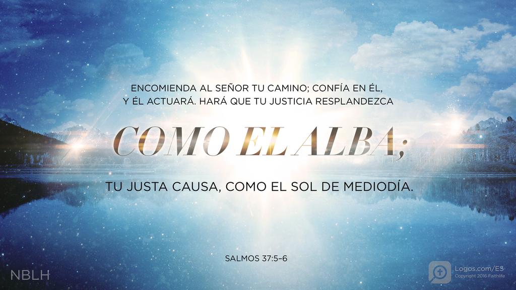 Salmo 37:5–6: Encomienda al SEÑOR tu camino; confía en él, y él actuará. Hará que tu justicia resplandezca como el alba; tu justa causa, como el sol de mediodía.