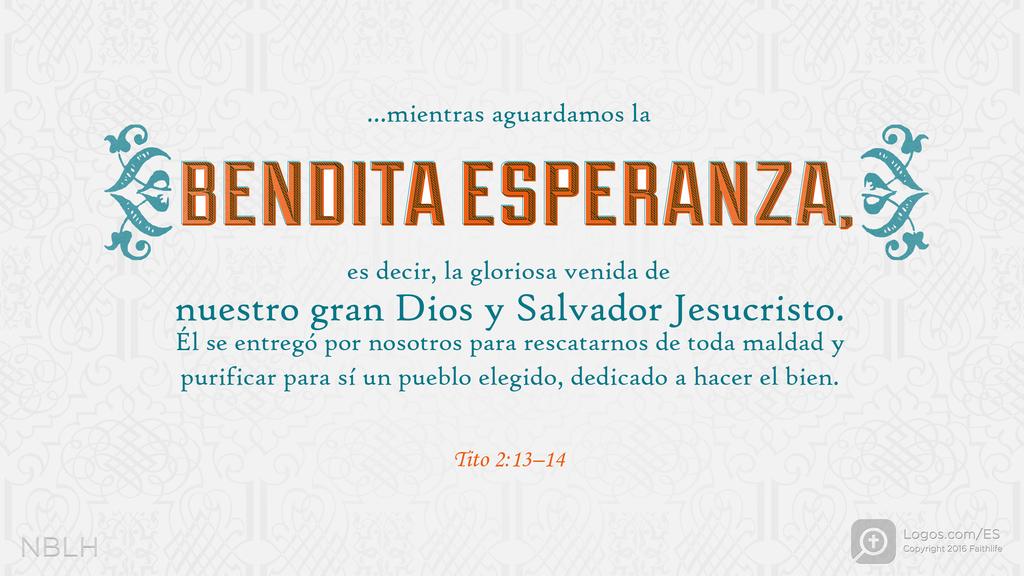 Tito 2:13–14: mientras aguardamos la bendita esperanza, es decir, la gloriosa venida de nuestro gran Dios y Salvador Jesucristo. Él se entregó por nosotros para rescatarnos de toda maldad y purificar para sí un pueblo elegido, dedicado a hacer el bien.