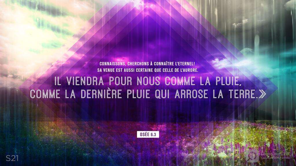 Osée 6.3: CONNAISSONS, CHERCHONS À CONNAÎTRE L’ETERNEL! SA VENUE EST AUSSI CERTAINE QUE CELLE DE L’AURORE. IL VIENDRA POUR NOUS COMME LA PLUIE, COMME LA DERNIÈRE PLUIE QUI ARROSE LA TERRE.»