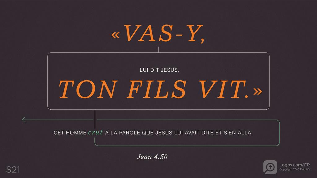 Jean 4.50: «VAS-Y, LUI DIT JESUS, TON FILS VIT.» CET HOMME crut A LA PAROLE QUE JESUS LUI AVAIT DITE ET S’EN ALLA.