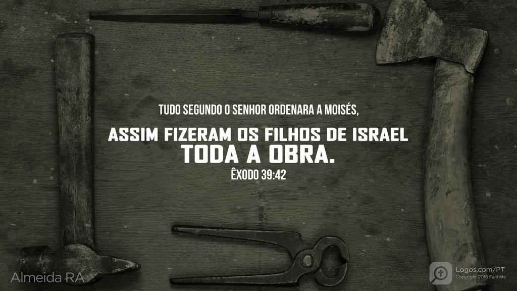 Êxodo 39.42: TUDO SEGUNDO O SENHOR ORDENARA A MOISÉS, ASSIM FIZERAM OS FILHOS DE ISRAEL TODA A OBRA.