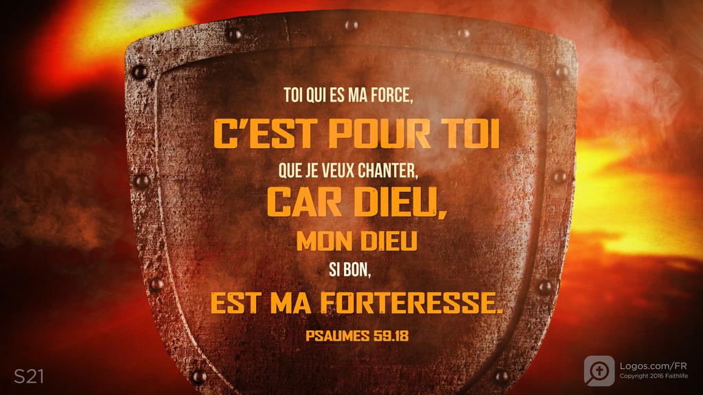 Psaumes 59.17: TOI QUI ES MA FORCE, C’EST POUR TOI QUE JE VEUX CHANTER, CAR DIEU, MON DIEU SI BON, EST MA FORTERESSE.