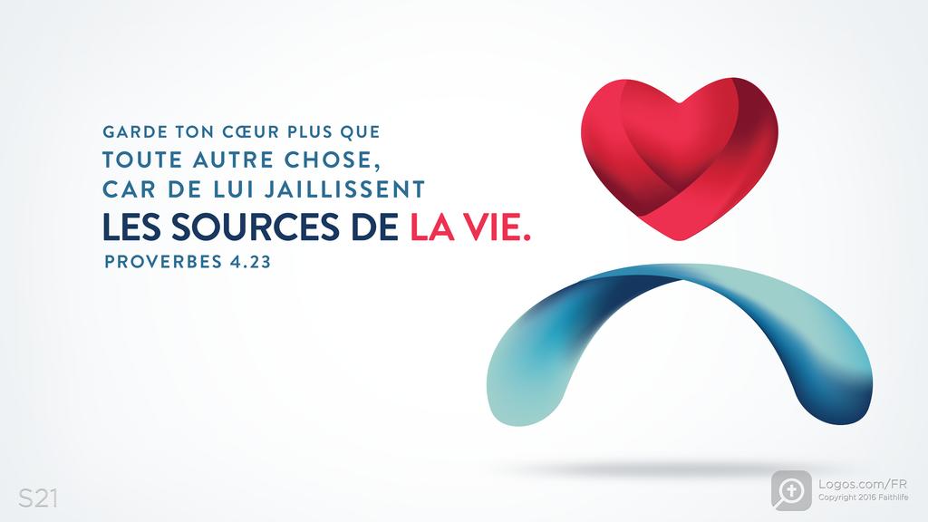 Proverbes 4.23: GARDE TON CŒUR PLUS QUE TOUTE AUTRE CHOSE, CAR DE LUI JAILLISSENT LES SOURCES DE LA VIE.