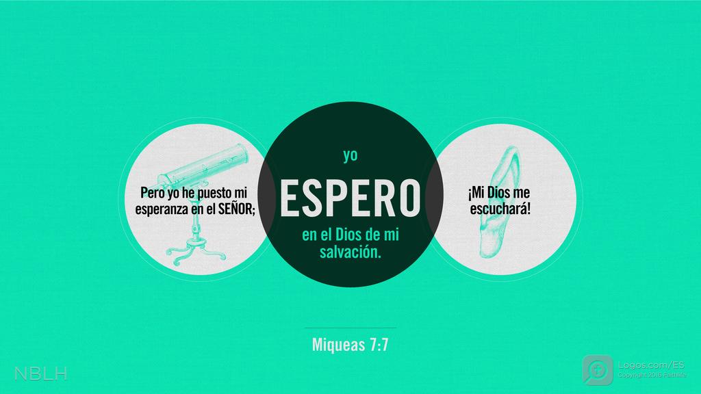 Miqueas 7:7: Pero yo he puesto mi esperanza en el SEÑOR; yo ESPERO en el Dios de mi salvación. ¡Mi Dios me escuchará!