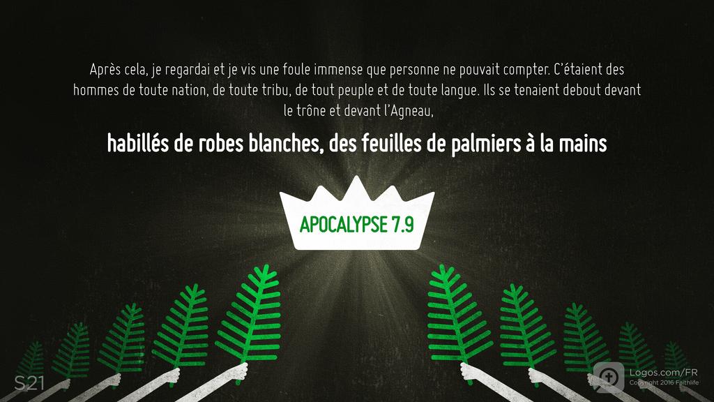 Apocalypse 7.9: Après cela, je regardai et je vis une foule immense que personne ne pouvait compter. C’étaient des hommes de toute nation, de toute tribu, de tout peuple et de toute langue. Ils se tenaient debout devant le trône et devant l’Agneau, habillés de robes blanches, des feuilles de palmiers à la mains