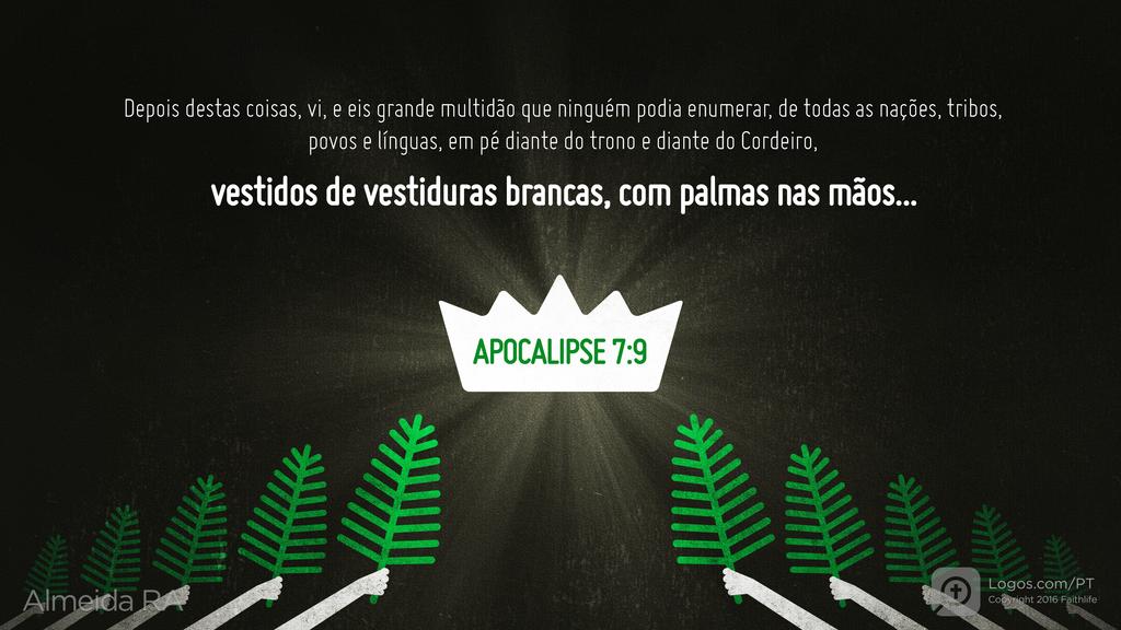 Apocalipse 7.9: Depois destas coisas, vi, e eis grande multidão que ninguém podia enumerar, de todas as nações, tribos, povos e línguas, em pé diante do trono e diante do Cordeiro, vestidos de vestiduras brancas, com palmas nas mãos...