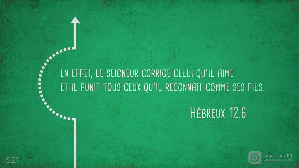Hébreux 12.6: EN EFFET, LE SEIGNEUR CORRIGE CELUI QU’IL AIME ET IL PUNIT TOUS CEUX QU’IL RECONNAÎT COMME SES FILS.