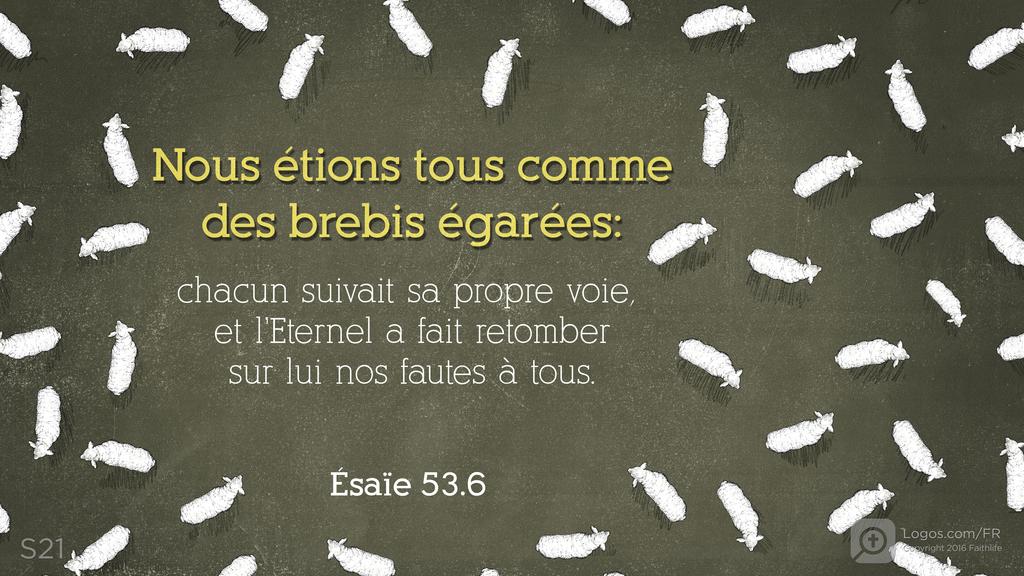 Ésaïe 53.6: Nous étions tous comme des brebis égarées: chacun suivait sa propre voie, et l’Eternel a fait retomber sur lui nos fautes à tous.