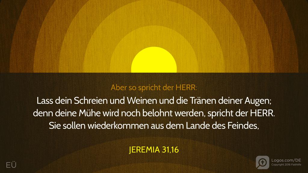 Jeremia 31,16: Aber so spricht der HERR: Lass dein Schreien und Weinen und die Tränen deiner Augen; denn deine Mühe wird noch belohnt werden, spricht der HERR. Sie sollen wiederkommen aus dem Lande des Feindes,