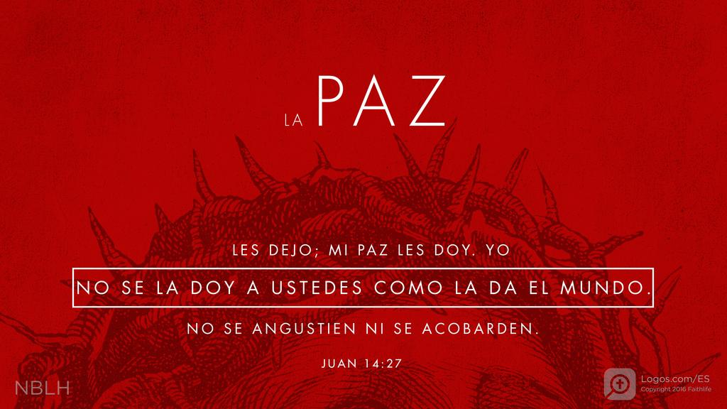 Juan 14:27: LA PAZ LES DEJO; MI PAZ LES DOY. YO NO SE LA DOY A USTEDES COMO LA DA EL MUNDO. NO SE ANGUSTIEN NI SE ACOBARDEN.