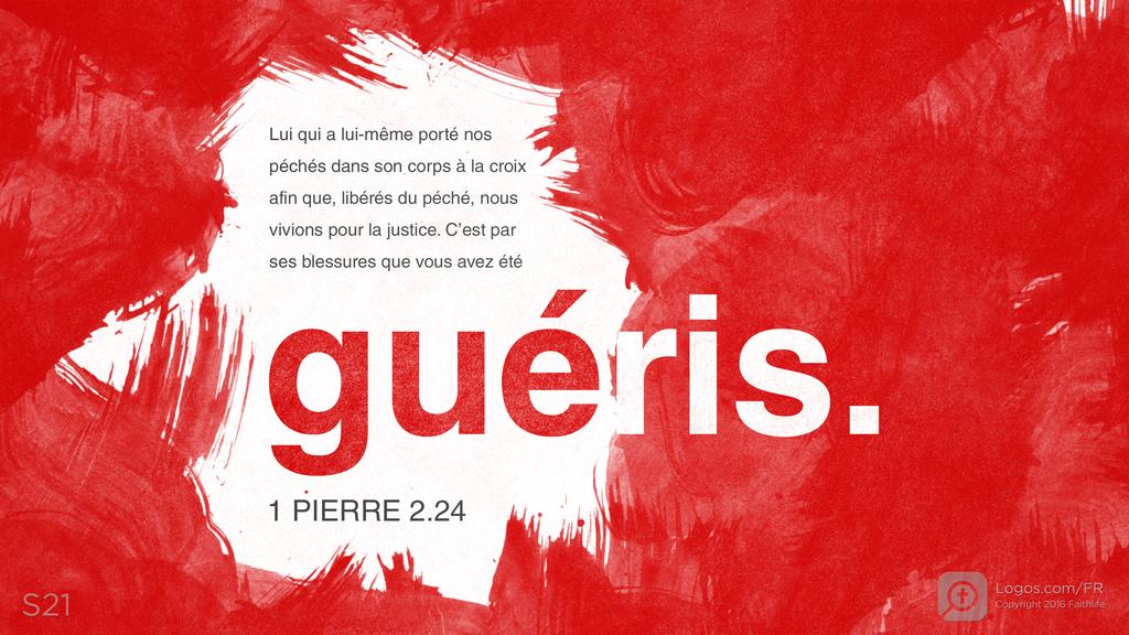 1 Pierre 2.24: Lui qui a lui-même porté nos péchés dans son corps à la croix afin que, libérés du péché, nous vivions pour la justice. C’est par ses blessures que vous avez été guéris.