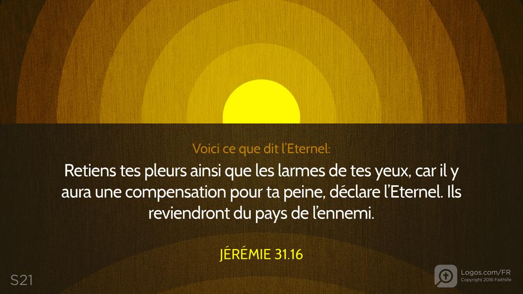 Jérémie 31.16: Voici ce que dit l’Eternel: Retiens tes pleurs ainsi que les larmes de tes yeux, car il y aura une compensation pour ta peine, déclare l’Eternel. Ils reviendront du pays de l’ennemi.