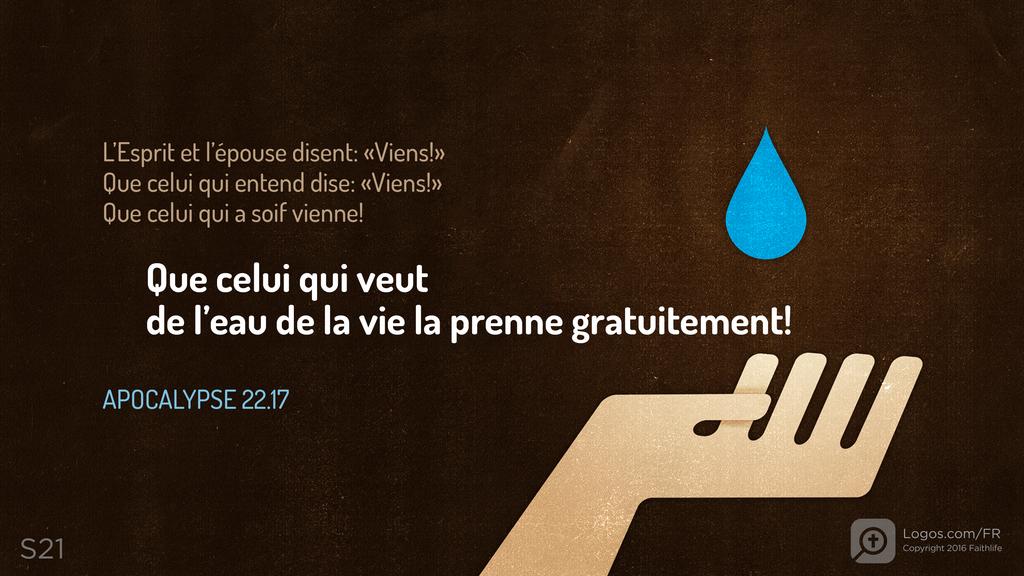 Apocalypse 22.17: L’Esprit et l’épouse disent: «Viens!» Que celui qui entend dise: «Viens!» Que celui qui a soif vienne! Que celui qui veut de l’eau de la vie la prenne gratuitement!